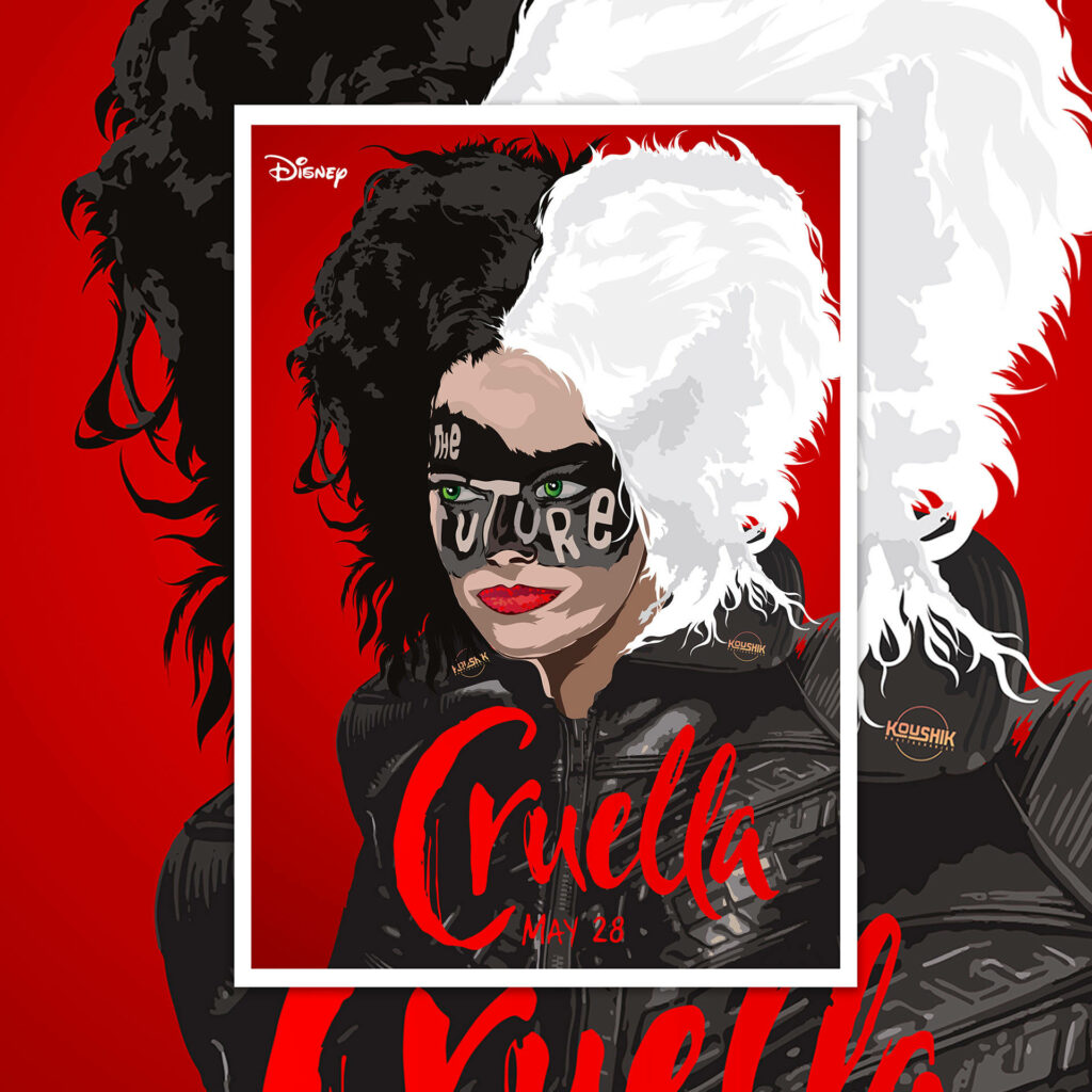 Bold Cruella Vector Portrait Wallpaper with Iconic Black-and-White Hair