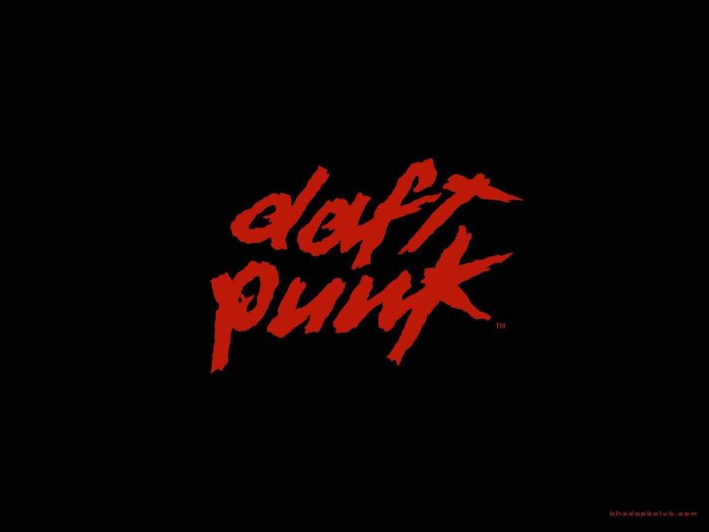 Daft Punk logo in vibrant red on black background bold minimalist electronic music wallpaper