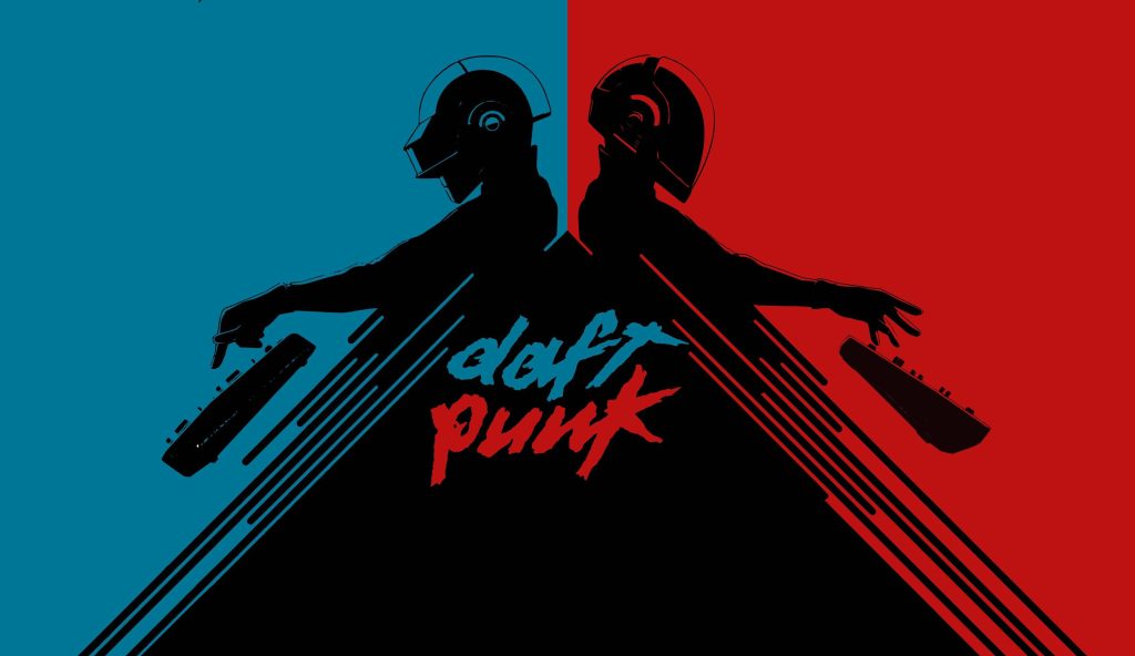 Daft Punk silhouette with robot helmets on vibrant red and blue split background wallpaper