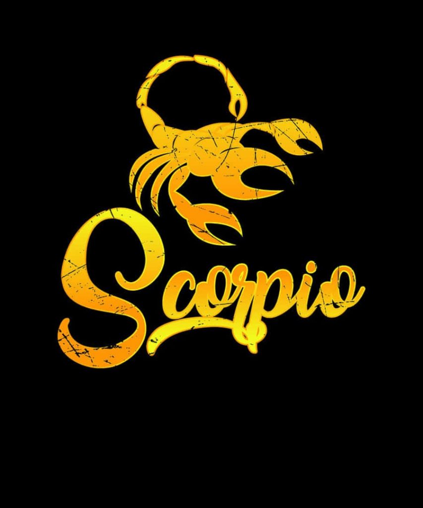 Bold distressed yellow Scorpio illustration with stylized text on deep black background wallpaper