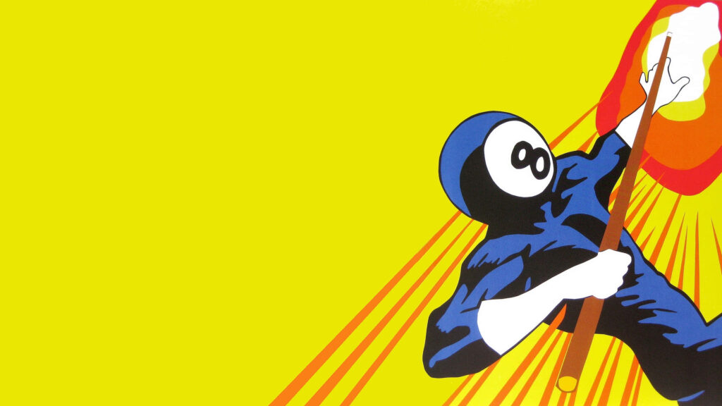 Comic-style character with eight-ball face holding cue stick vibrant yellow wallpaper background