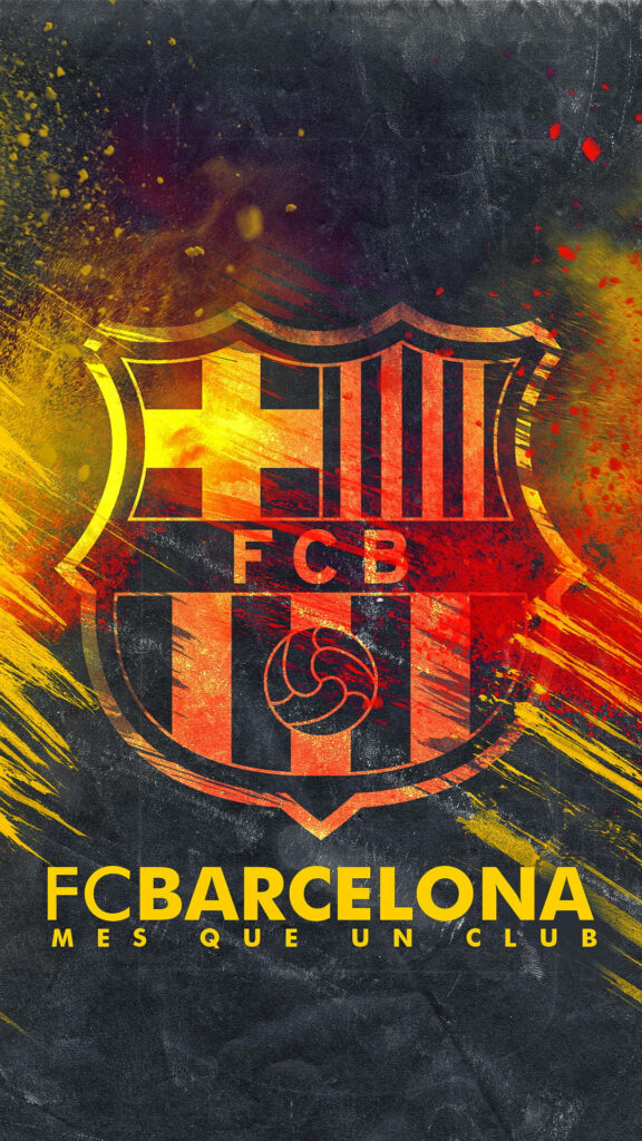 FC Barcelona wallpaper with iconic logo and vibrant red yellow orange paint splatters on dark background