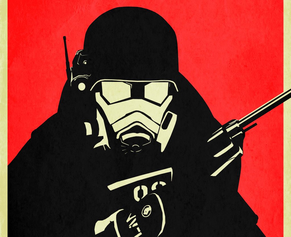 Fallout New Vegas pop art wallpaper NCR Veteran Ranger with revolver black cream red background