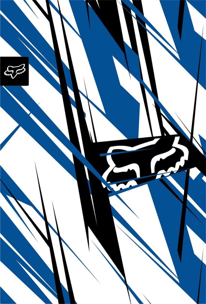 Fox Racing wallpaper with bold black blue white diagonal stripes and iconic Fox head logo