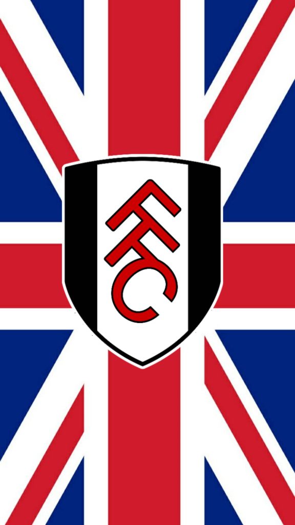 Fulham FC crest with red FFC on white shield over vibrant Union Jack flag background wallpaper