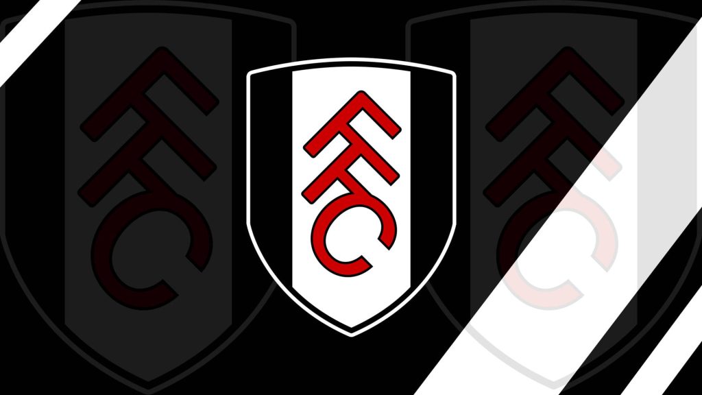 Bold Fulham FC wallpaper with sharp red and black FFC crest on repeating badge background