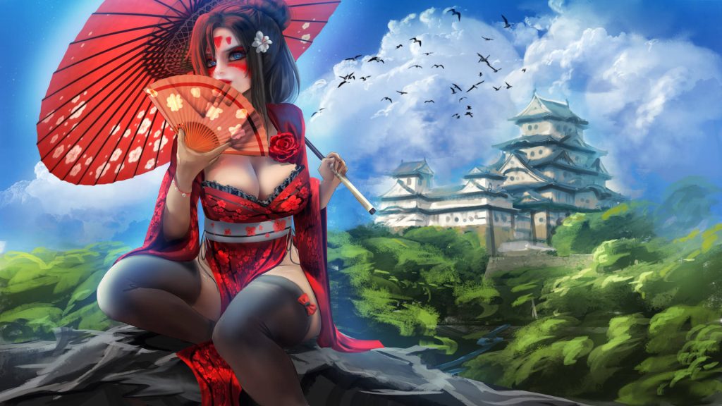 Woman in red geisha outfit with umbrella and fan overlooking historic Japanese castle wallpaper