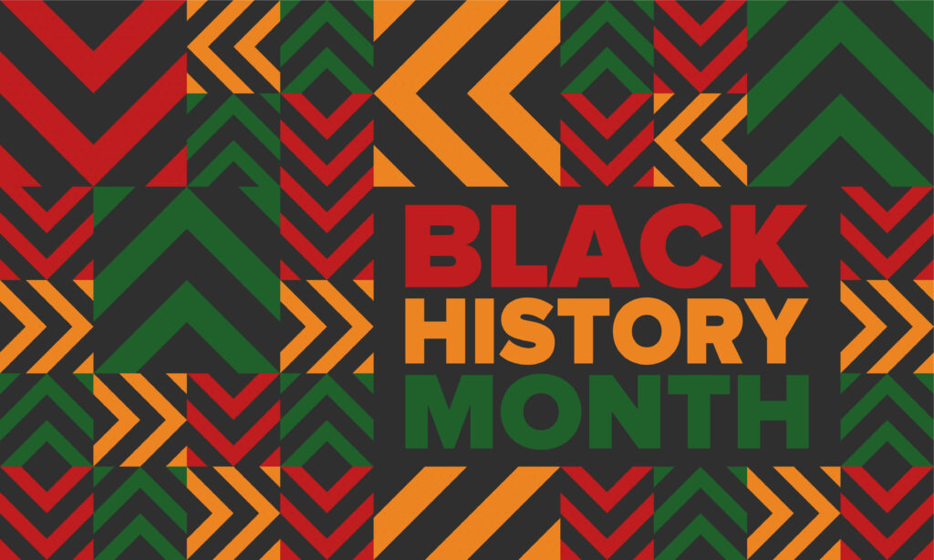 Vibrant Black History Month wallpaper with bold red yellow green geometric patterns background