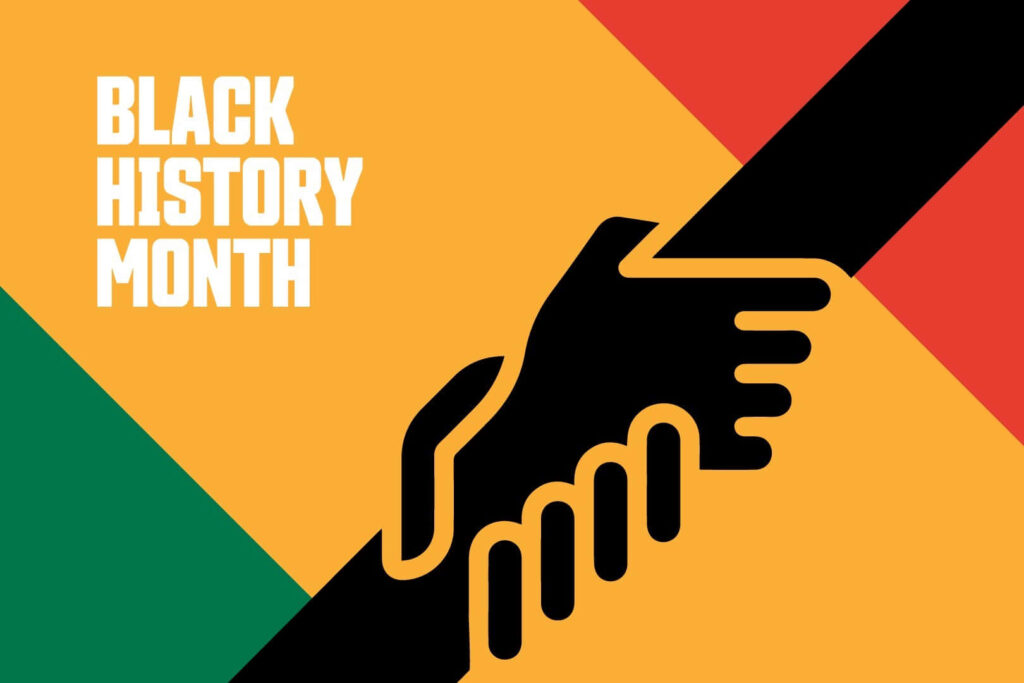 Vibrant Black History Month wallpaper with bold red yellow green shapes and two black hands united