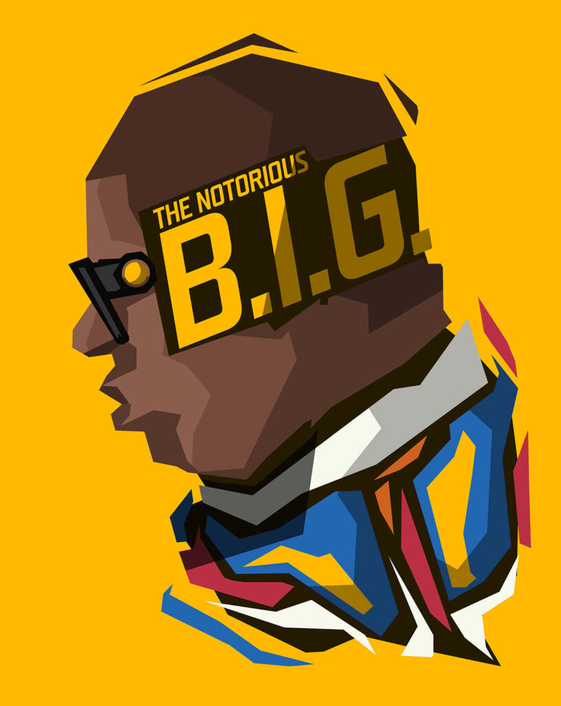 Bold geometric portrait of The Notorious Biggie Smalls on vibrant yellow hip hop wallpaper background