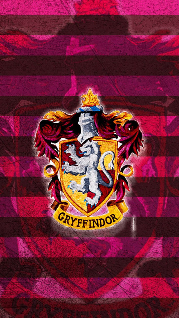 Bold Gryffindor crest with lion on red and maroon striped artistic SVG wallpaper background