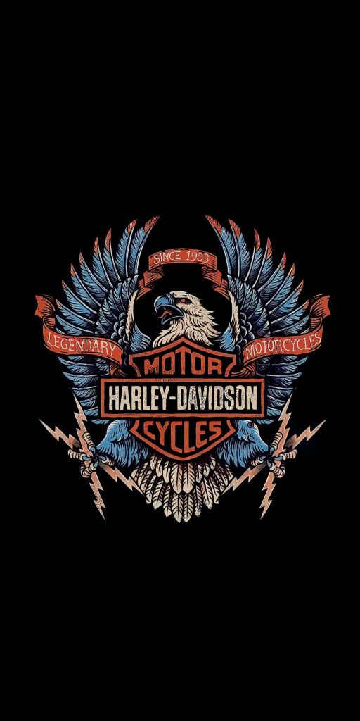Bold Harley-Davidson wallpaper with blue orange eagle wings and classic logo since 1903 on black background
