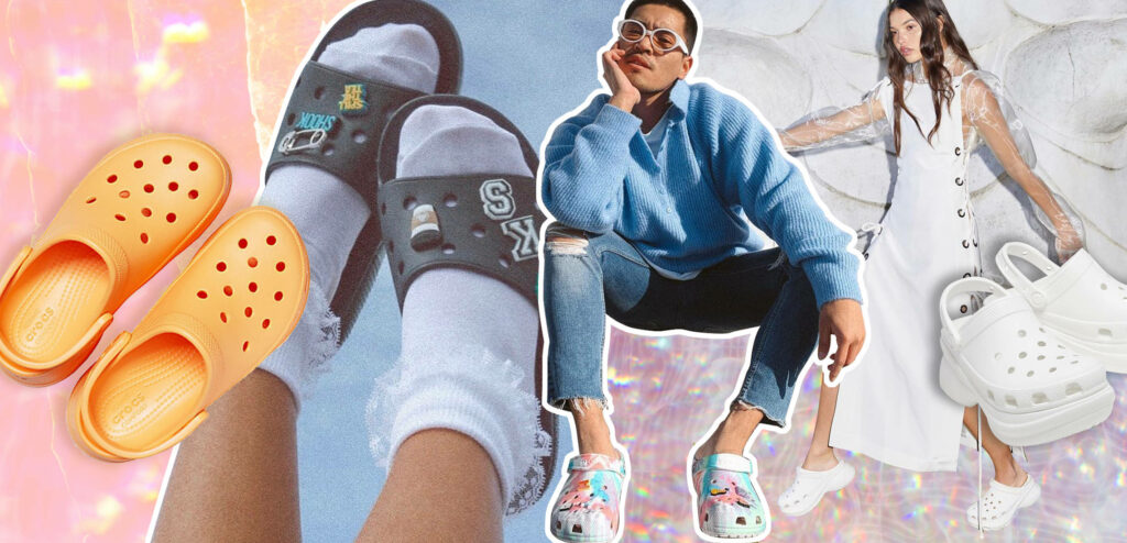 High fashion Crocs collage with vibrant orange black white styles and trendy eclectic outfits Wallpaper