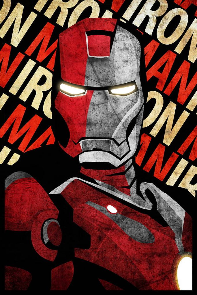 Iron Man poster wallpaper with red silver armor glowing eyes and stylized Marvel hero design