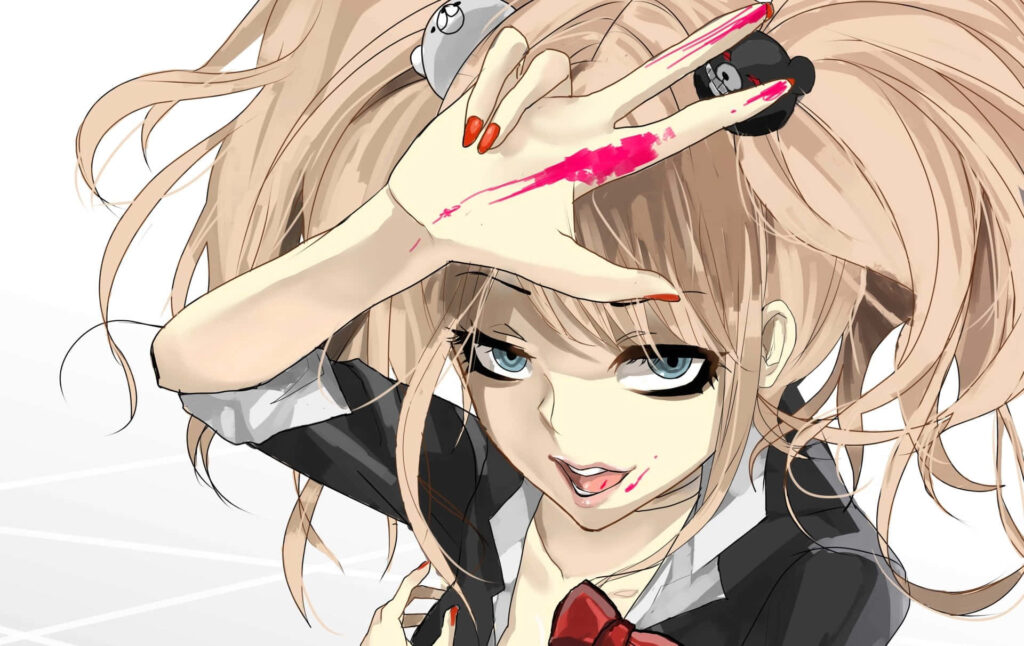 Junko Enoshima Wallpaper: Bold Gesture & Pink Splashes for PFP