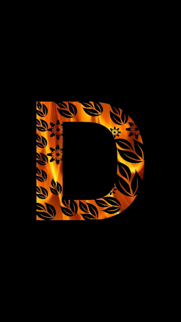 Bold letter D wallpaper with fiery orange gold gradient and intricate floral leaf patterns on black