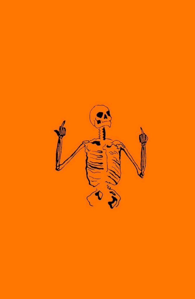 Minimalist black line-art skeleton showing middle fingers on vibrant orange background wallpaper