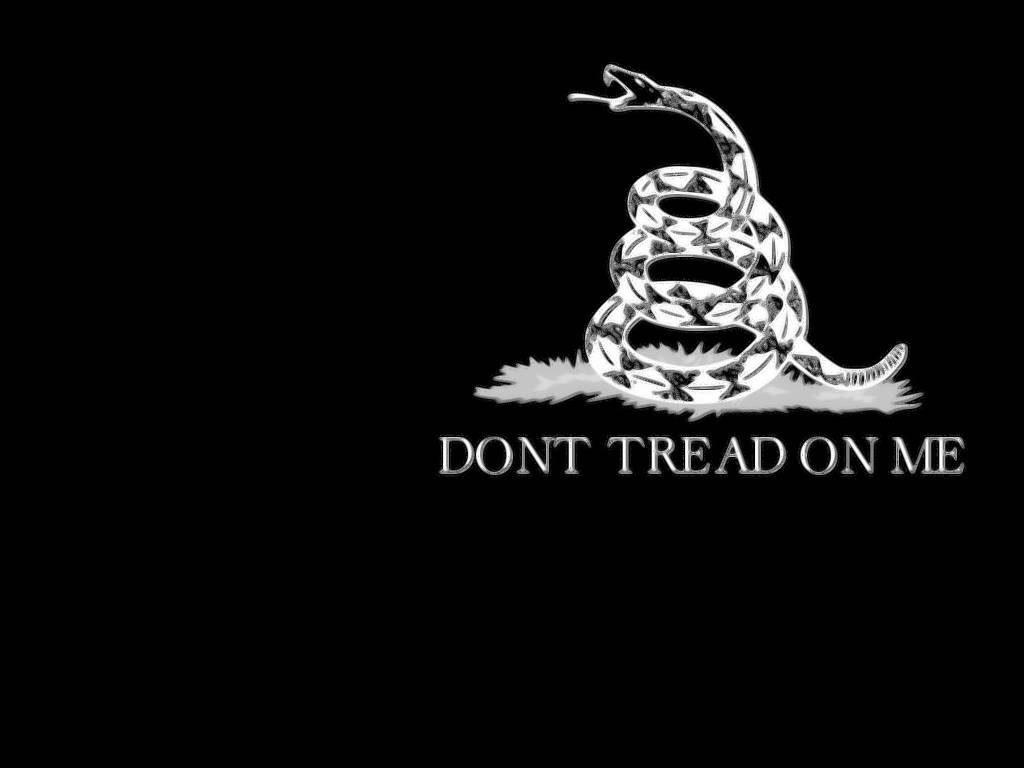 Monochrome Gadsden flag wallpaper with coiled rattlesnake on grass and bold Dont Tread On Me text