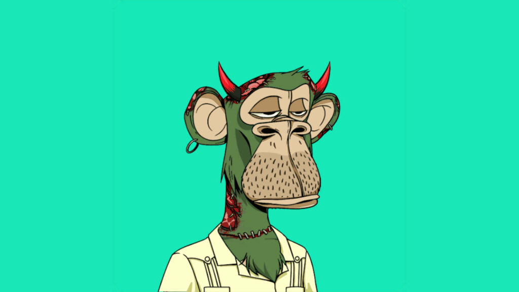 Stylized NFT monkey with green fur red horns tattoos and earring on bright cyan background wallpaper