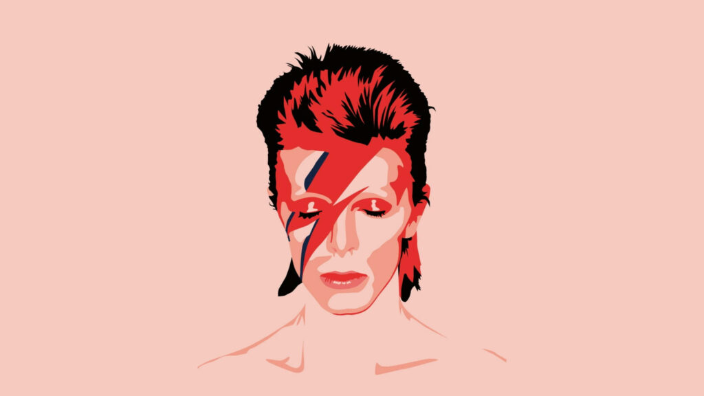 Bold pink wallpaper with artistic David Bowie lightning bolt face paint illustration background