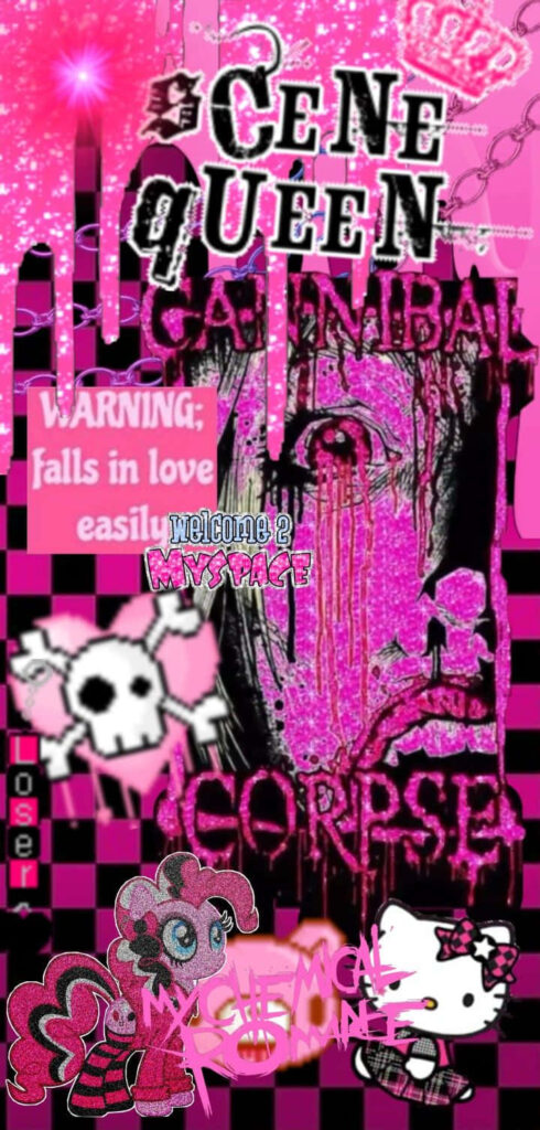 Bold Pink Emo Gothic Wallpaper: Hello Kitty & Scene Queen Design