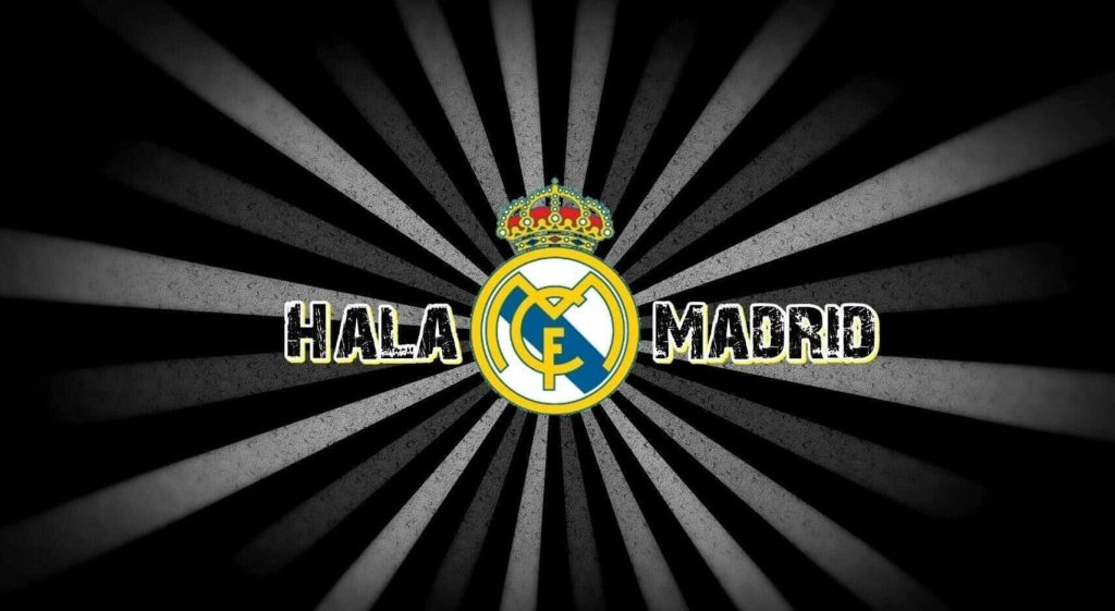 Real Madrid wallpaper with crest royal crown black white sunburst Hala Madrid rallying cry background