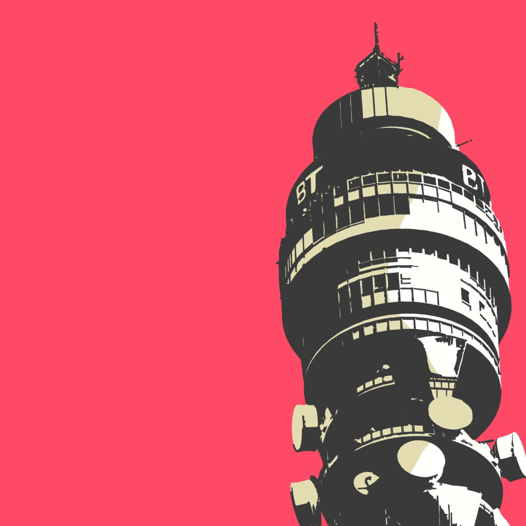 Bold red minimalist BT Tower wallpaper featuring iconic London architecture for smartphone themes