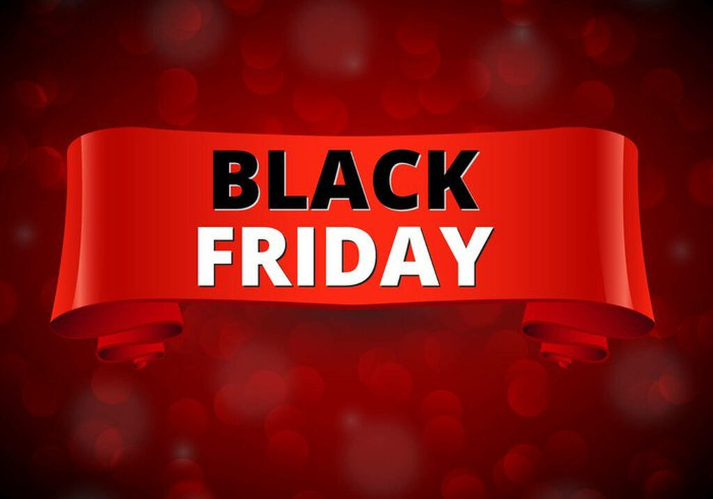 Bold red Black Friday ribbon on festive red bokeh background perfect for sale promotion wallpaper