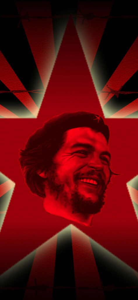 Bold red Che Guevara portrait with iconic star background revolutionary wallpaper design