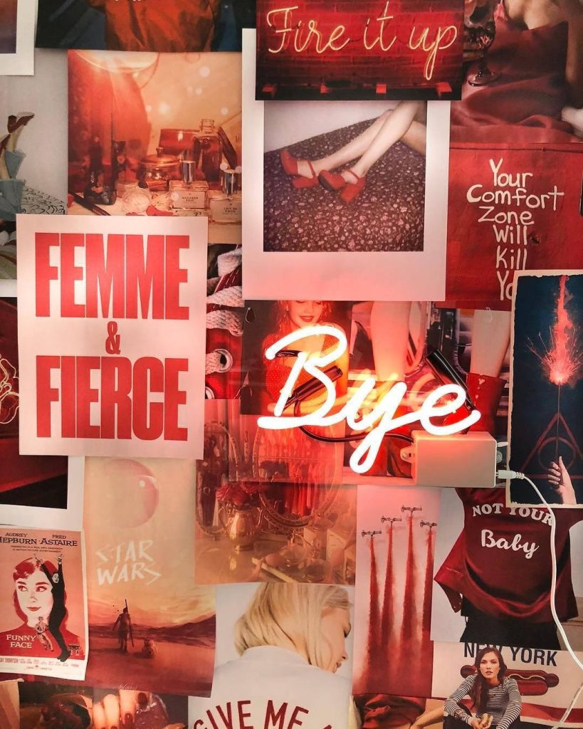 Bold red collage iPhone wallpaper with empowering text Audrey Hepburn Rey Star Wars neon sign