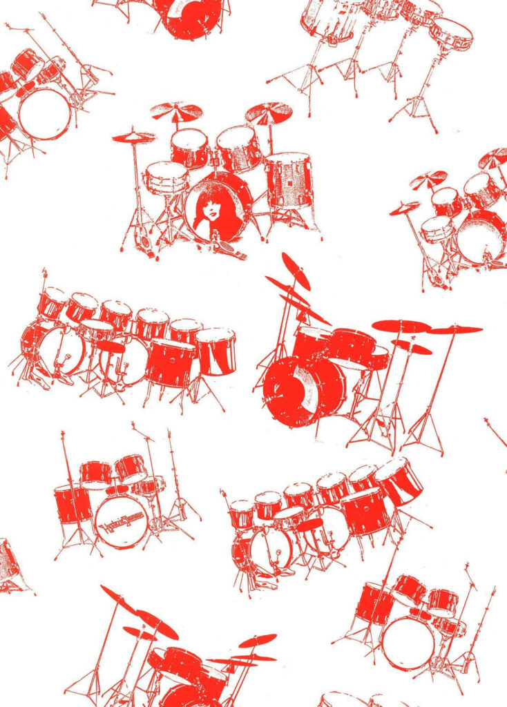 Red drum set pattern wallpaper bold graphic style music background for creative spaces