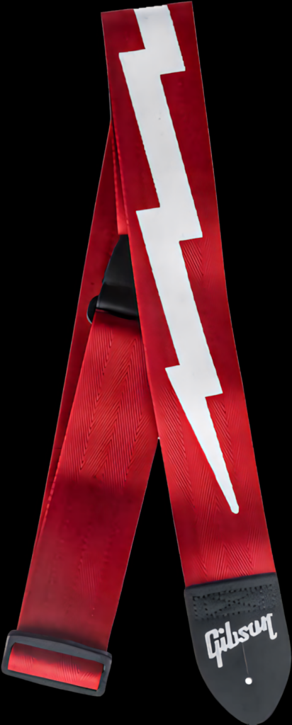 Bold Red Gibson Guitar Strap Wallpaper with White Lightning Bolt Design