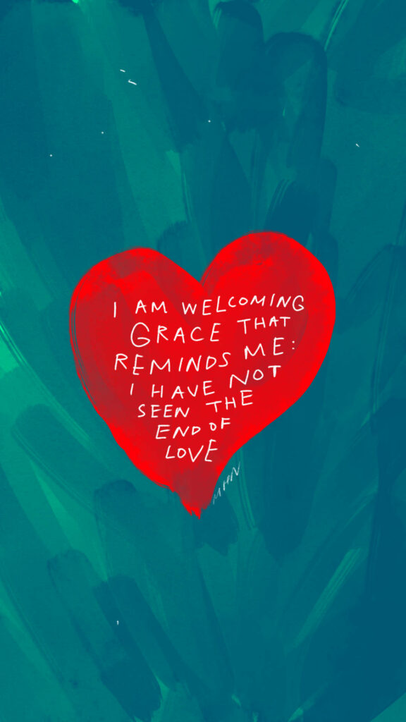 Bold Red Heart Wallpaper on Textured Green with Uplifting Affirmation