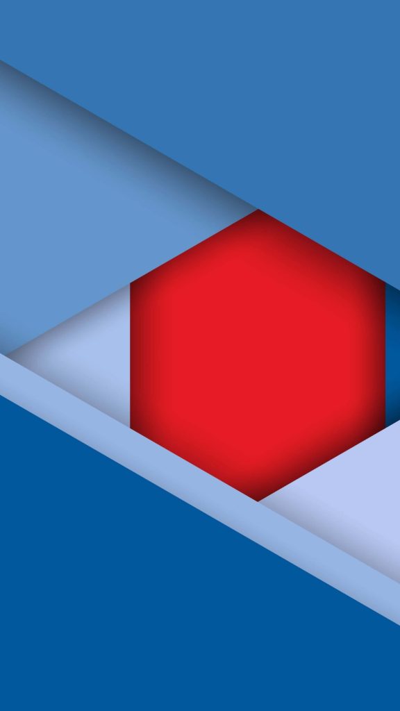 Minimalist abstract wallpaper with bold red hexagon and layered blue triangles Material Design background