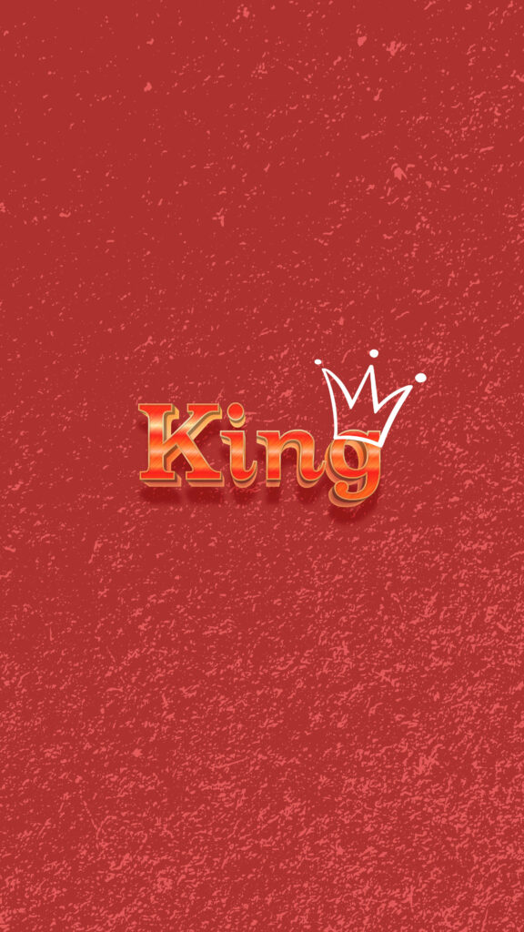 Bold red King wallpaper with orange letters and white crown perfect for king queen aesthetic background