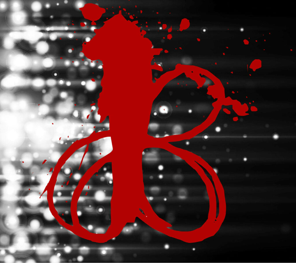 Bold red letter B wallpaper with bloody paint splatters on dark glowing background dramatic effect
