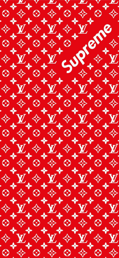 Bold red phone wallpaper with white Louis Vuitton monogram and Supreme logo stylish design