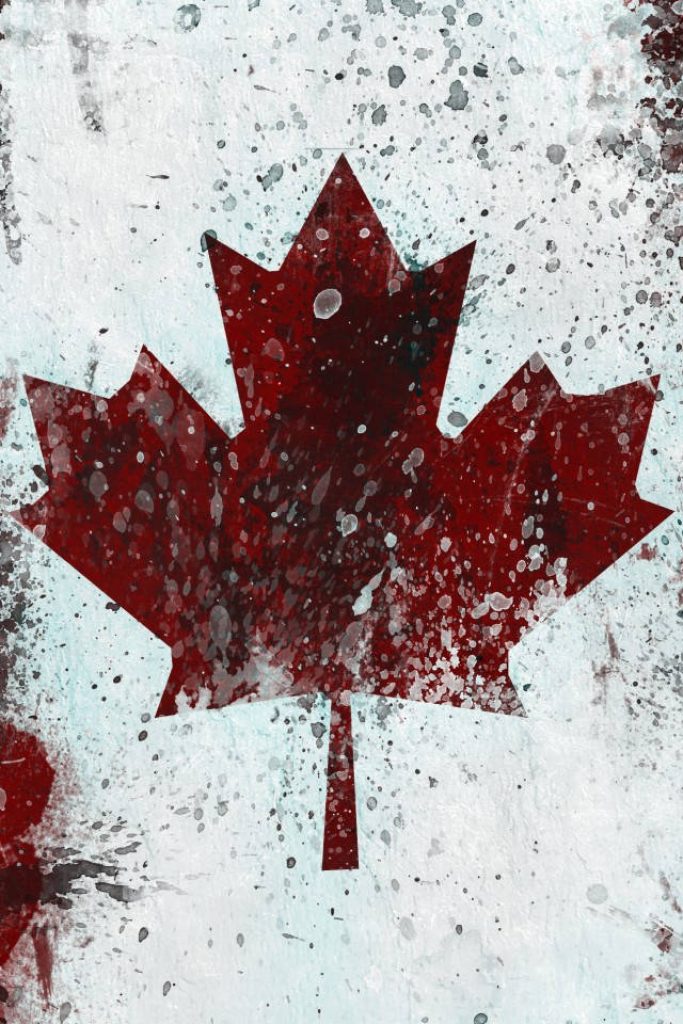 Artistic Canadian iPhone wallpaper with bold red maple leaf and textured white paint splatter background