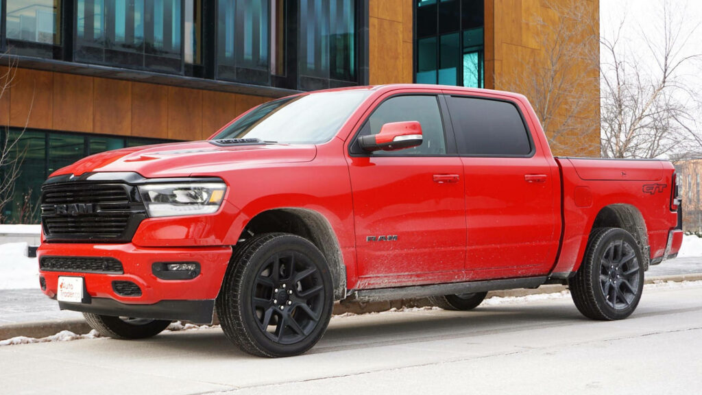 Bold Red RAM Truck on Snowy Road - Winter Adventure Wallpaper
