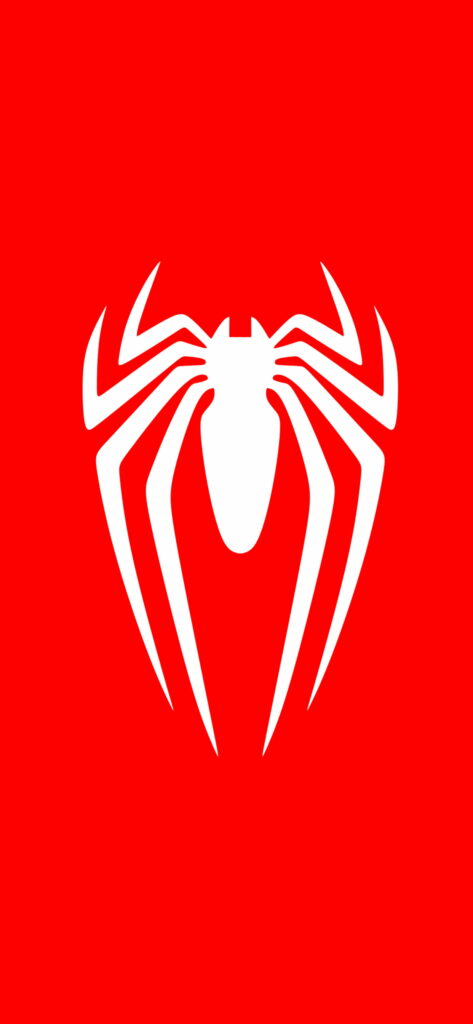 Bold white Spider-Man logo on vivid red background HD phone wallpaper, superhero icon design