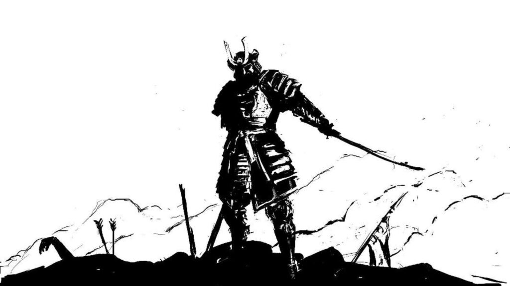 Dynamic Samurai Silhouette in Bold Black and White Wallpaper