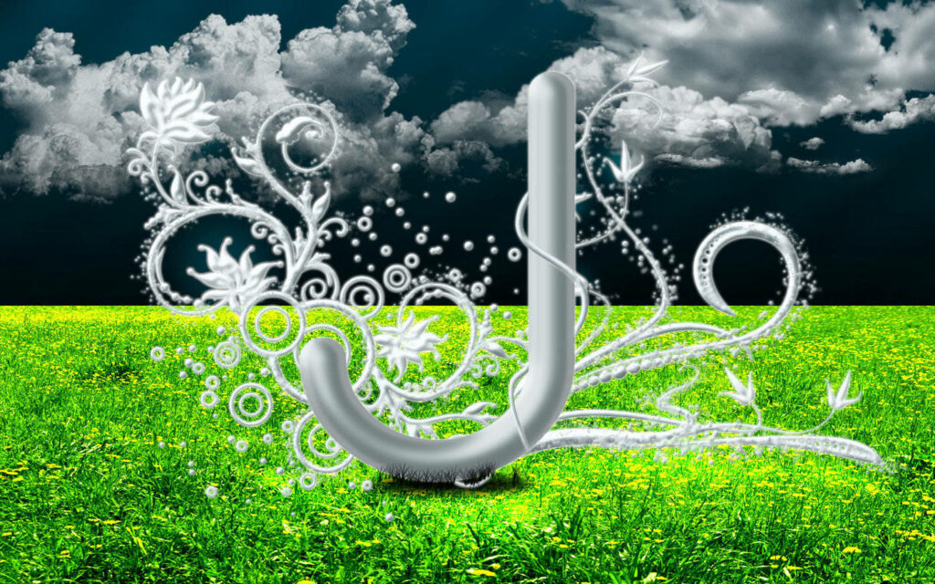 Bold Silver Letter J Wallpaper with Green Field & Floral Patterns