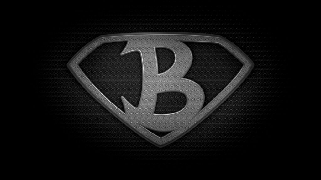 Bold silver steel letter B in metallic emblem on textured dark background wallpaper design