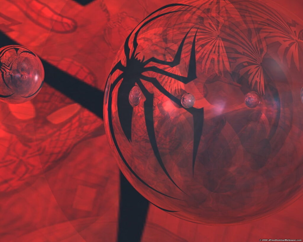 Spiderman HD wallpaper with red hues, spider emblem, and abstract bubble designs background