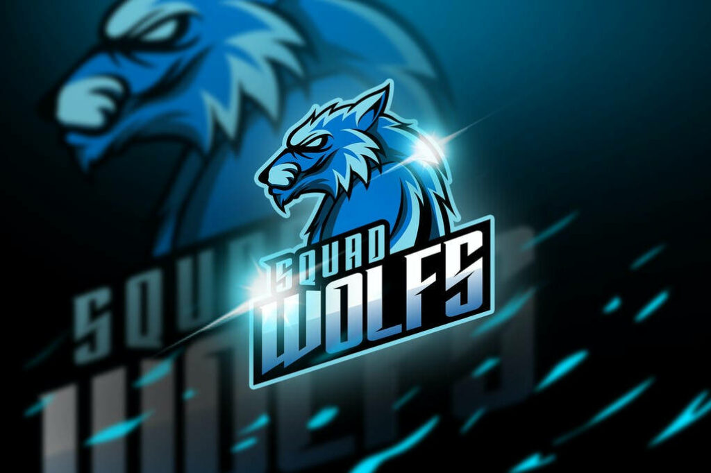 Bold Squad Wolfs Logo Wallpaper: Fierce Wolf Design on Blue Background