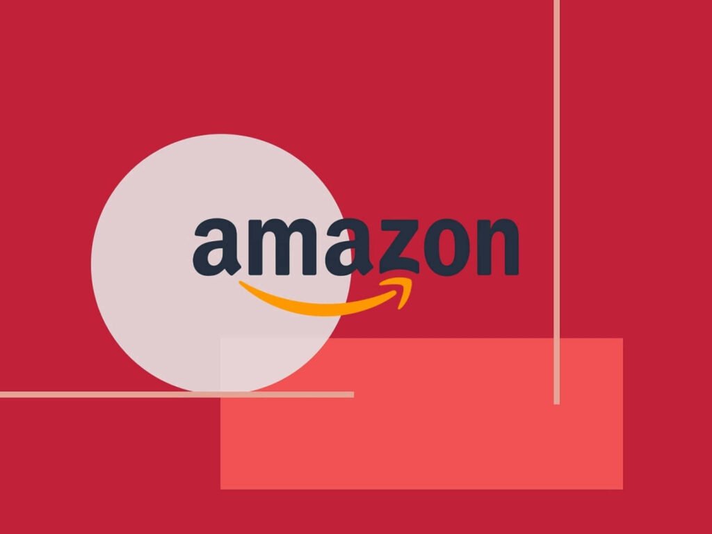 Bold and Striking: Amazon UK Logo Stands Out Against a Fiery Red Backdrop with Graphic Shapes Wallpaper