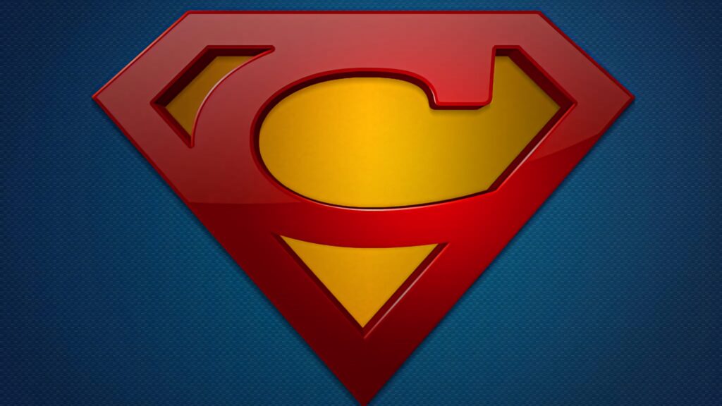 Bold Superman logo redesign with red C emblem on textured blue comic book wallpaper background