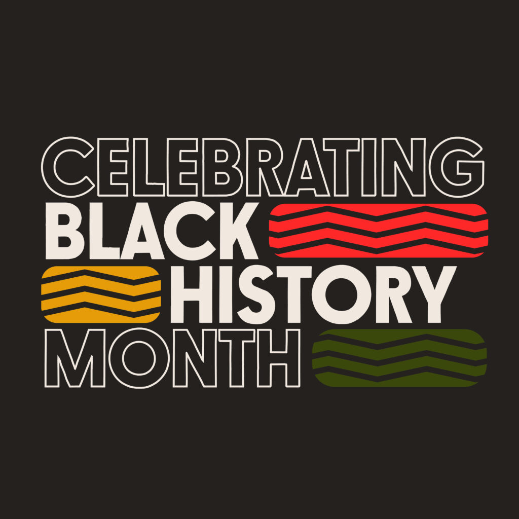 Bold typography with vibrant red yellow green cultural patterns celebrates Black History Month wallpaper