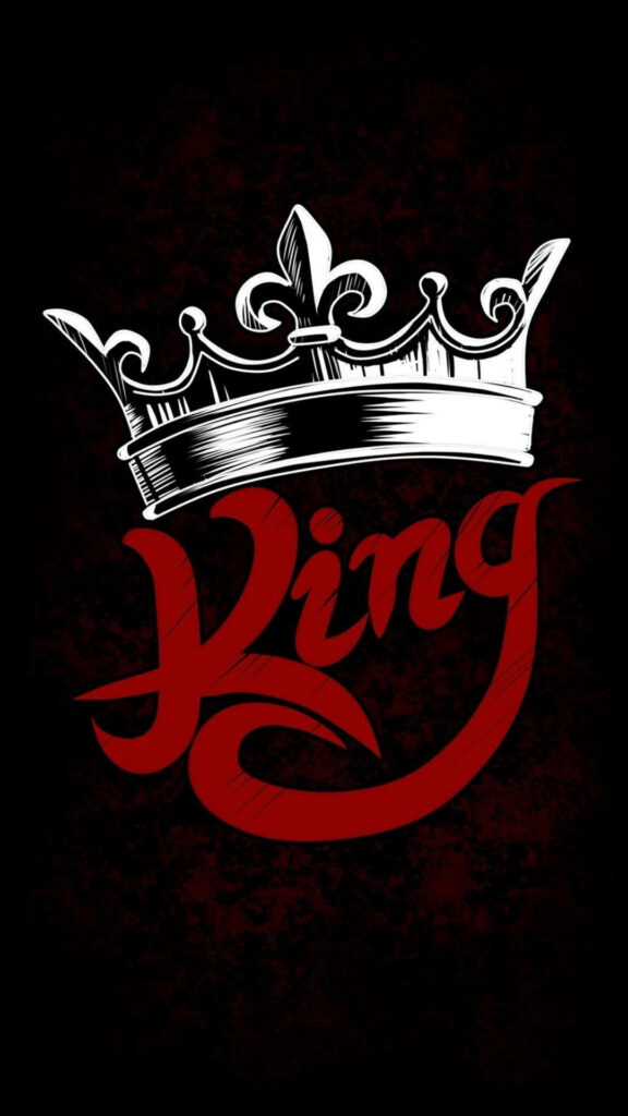 Bold wallpaper with white crown above red King script on dark background regal design