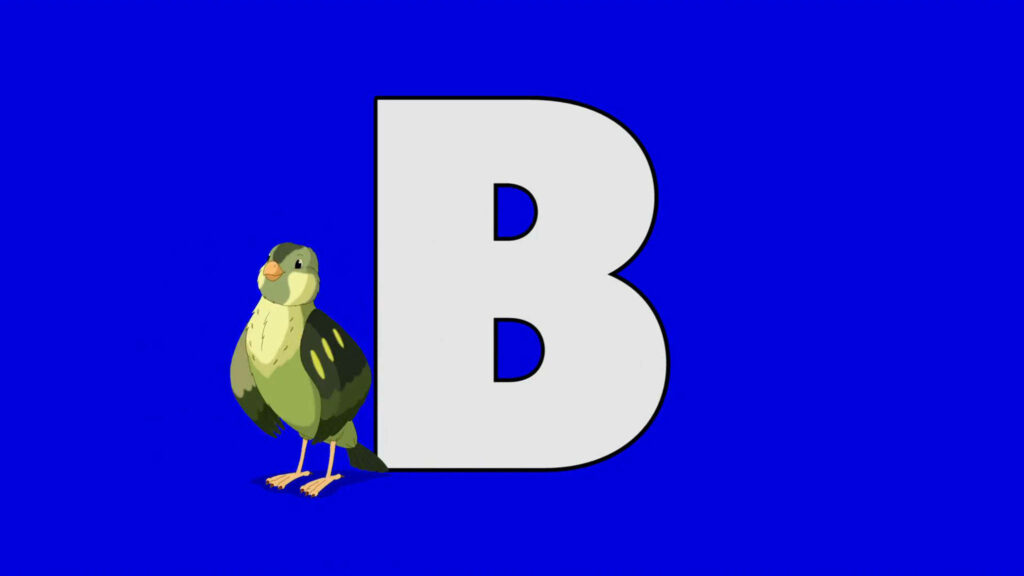 Bold white letter B on blue background with colorful cartoon bird wallpaper background